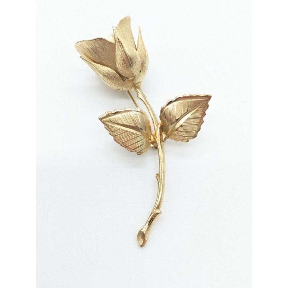 Giovanni Rose Bud Brooch Pin Signed Long Stem Gold Tone Vintage 3"